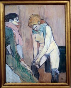Femme tirant ses bas ou "Femme de maison". Peinture sur carton par Henri de Toulouse-Lautrec 1894. Paris, Musée d