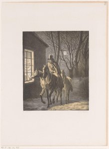 Homme à cheval passant devant une maison