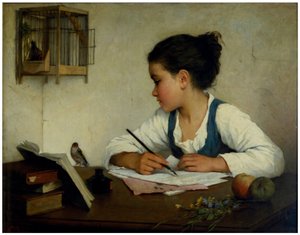 Une fille écrivant; Le chardonneret - Henriette Browne