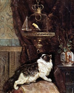 Chat espionnant un oiseau en cage - par Henriette Ronner - Henriëtte Ronner Knip