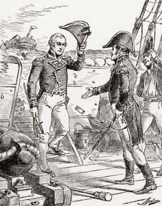 Le capitaine Dacres du HMS Guerriere se rend et offre son épée au capitaine Hull à bord de l