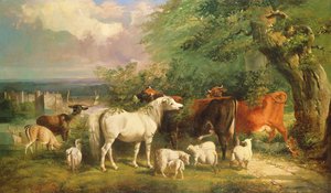Haddon Hall avec moutons, bovins, un cerf et un poney - Henry Barraud