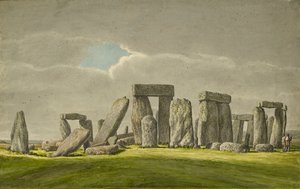 Stonehenge du S.E, montrant les pierres en état de ruine avec 2 visiteurs, 1824-1839