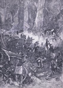 La guerre Ashanti 1900 : Un combat dans la forêt, illustration de l