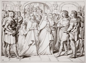 Alftruda reconnaît Hereward, illustration de Hereward the Great par Charles Kingsley, pub. 1870, gravé par C.G. Lewis