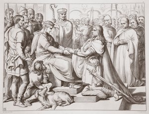 Comment Hereward est venu chez le roi, illustration de Hereward the Great par Charles Kingsley, pub. 1870, gravé par C.G. Lewis
