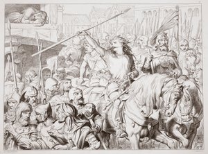 Comment Hereward est devenu Berserker, illustration de Hereward the Great par Charles Kingsley, pub. 1870, gravé par C.G. Lewis - Henry Courtney Selous