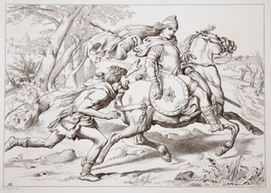 Comment Martin Lightfoot rattrape Hereward, illustration de Hereward the Great par Charles Kingsley, pub. 1870, gravée par C.G. Lewis
