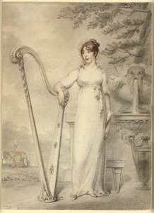 Portrait en pied de "Mlle V. Dupuis" appuyée sur une harpe. En arrière-plan une fontaine et un paysage avec des cerfs - Henry Edridge