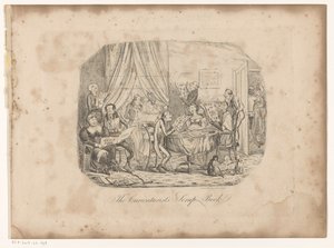 Intérieur avec des gens regardant des pages de The Caricaturist