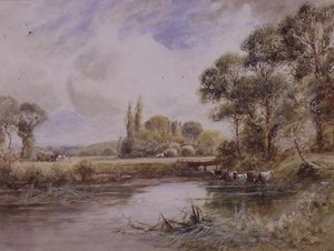 Paysage avec prairies et bétail buvant