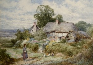 Jeune fille nourrissant des poules devant un cottage