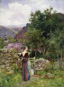 Jeune fille debout devant un cottage tenant un seau