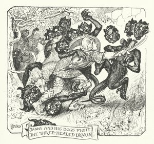 Janni et ses chiens combattent le dragon à trois têtes (gravure)