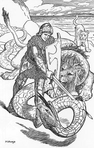 Perceval combattant le serpent Illustration par HJ Ford (1860-1940) de « Le livre de la romance » 1902 Collection privée - Henry Justice Ford