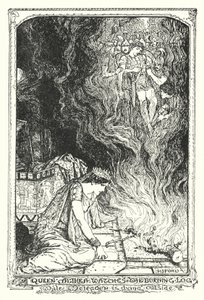 La reine Althea regarde la bûche brûlante tandis que Méléagre meurt dehors (litho) - Henry Justice Ford