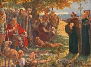 Saint Augustin prêchant à Ethelbert, roi du Kent, et lui montrant la croix et une image du Sauveur (lithographie couleur)