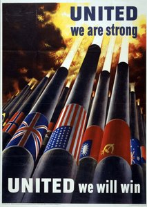 Unis, nous sommes forts. UNITED we will win" Affiche américaine de la Seconde Guerre mondiale avec des canons, tous tirant des obus vers le ciel.