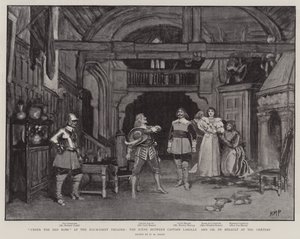 Sous la robe rouge au théâtre Haymarket, la scène entre le capitaine Larolle et Gil de Berault au château