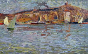 Le port de Marseille, le vieux port et la « Bonne Mère » (Cathédrale Notre-Dame de la Garde). Peinture d