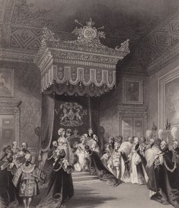 La reine Victoria sur le trône, palais de St James, Londres - Henry Melville
