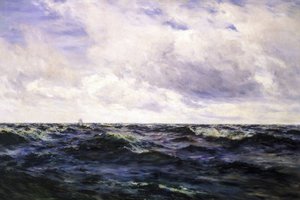 Paysage marin, avec un panneau de bateau à gauche, et un cutter représenté au milieu d