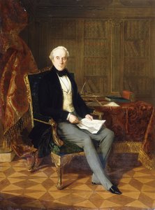Portrait de Henry Pelham-Clinton, K.G., 4e duc de Newcastle, tenant un document, dans son étude, 1850
