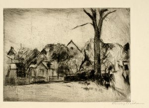 Paysage avec grand arbre et maisons