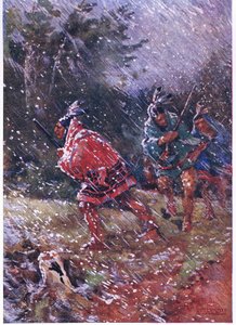 Indiens rouges chassant dans une tempête de neige