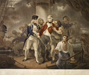 Capt. Trollope dans le Glatton de 54 caronades engageant une escadre française de 8 navires de guerre portant 230 canons, gravé par James Daniell, 1797 - Henry Singleton