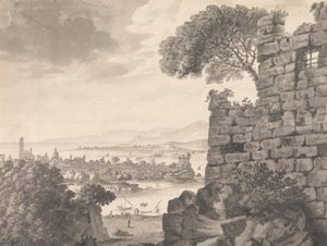 Paysage avec ruines au premier plan, port et village en arrière-plan - Henry Swinburne