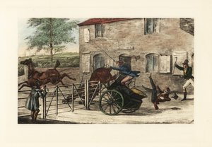 Gentlemen anglais dans une voiture à deux chevaux essayant de sauter une barrière de péage - Henry Thomas Alken