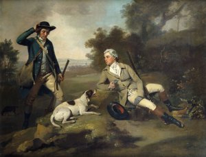 Un gentleman allongé avec un fusil et un chien et son garde-chasse debout à proximité