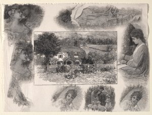 Paysage avec cottage et vaches entouré de divers croquis