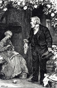 Gravure représentant une femme tricotant - Henry Woods