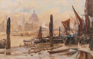 Barges amarrées sur la Tamise; St Pauls et le pont de Blackfriars au loin - Herbert Menzies Marshall