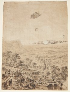 Paysage panoramique avec paysans, pêcheurs et une église de village