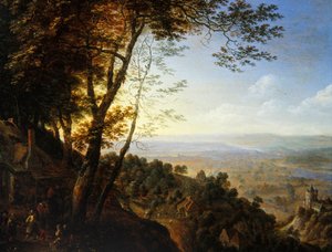 Paysage boisé avec paysans près d