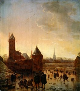 Patinage sur glace devant les murs de la ville d