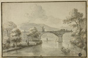 Rivière avec pont en arc et bateau - Herman van Swanevelt