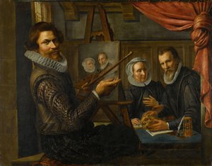 Le peintre dans son atelier peignant le portrait d