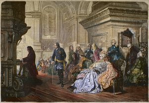 Le roi de Prusse Frédéric II le Grand (1712-1786) écoute le compositeur Jean-Sébastien Bach jouer à la cour, gravure d