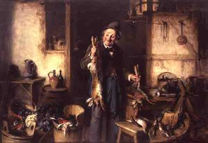 Intérieur de cuisine avec un homme tenant un lièvre