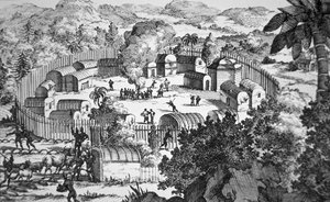 Village du peuple Susquehanna, rivière Susquehanna (détail de gravure) publié en encart dans "Une nouvelle carte des parties nord de l