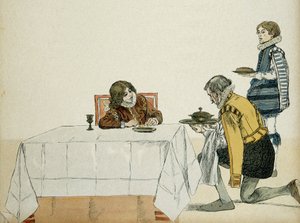 Le jeune Louis XIII (1601-1643), pas encore roi, servi par son gouverneur après la mort de son père Henri IV (1553-1610). Illustration - Hermann Vogel