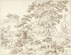 Paysage arcadien avec femme se baignant les pieds - Hermanus Fock