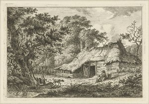 Ferme avec femme, enfant et chien