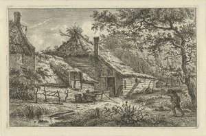 Cour de ferme avec homme portant du bois