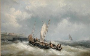 Un lougre entrant dans le port par tempête
