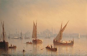 Navires sur le Bosphore, mosquée Sainte-Sophie au-delà